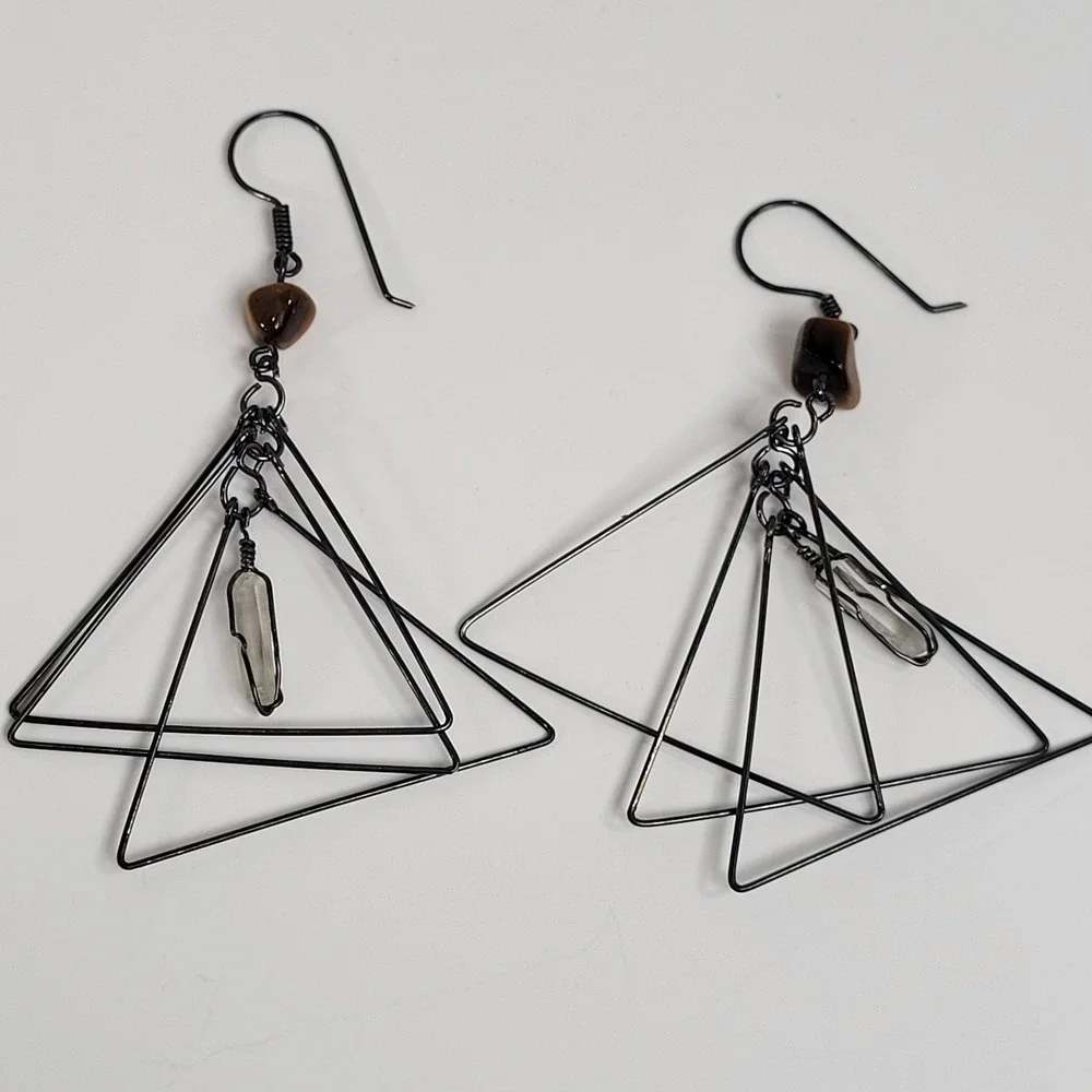 925 Sterling Earrings Lot Of 3 Pairs Quartz Moon Crystal‎ Triangle Hoop Jewelry